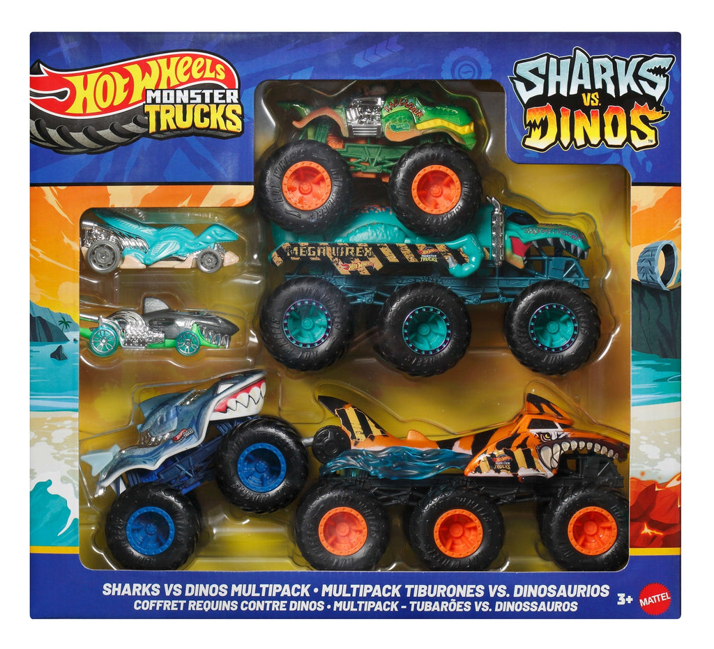 Hot Wheels Monster Trucks Sharks vs Dinos Multipack With 2 Big Rigs, 2 Toy Trucks & 2 Toy Cars