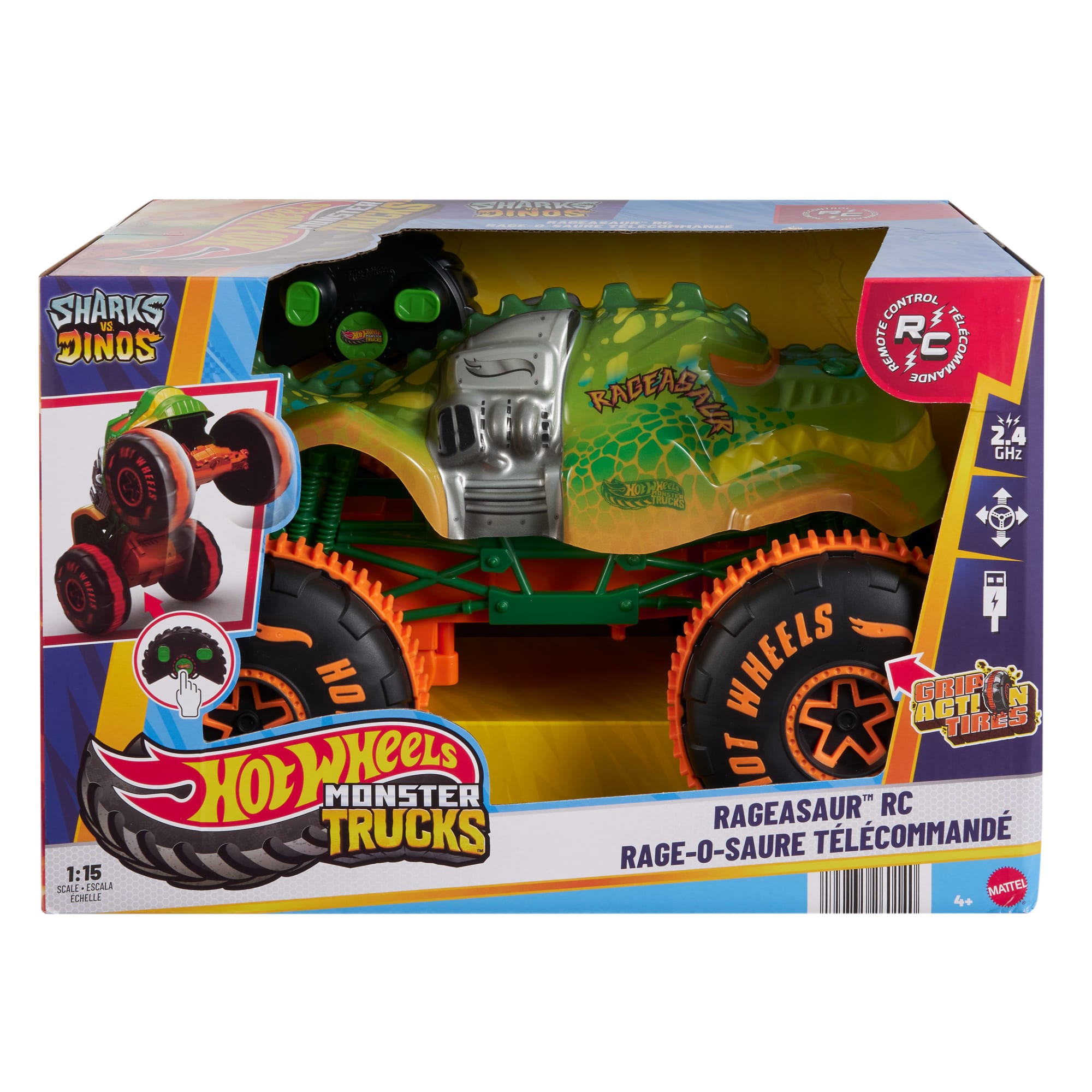 Hot Wheels Monster Trucks RC Rageasaur, Battery-Powered Remote-Control Toy Truck in 1:15 Scale