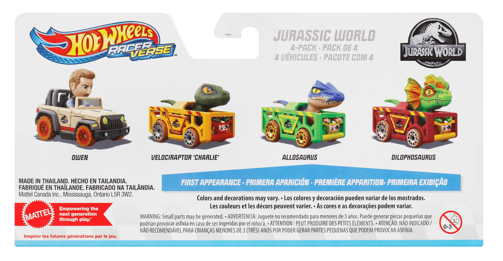 Hot Wheels Racerverse, Set Of 4 Die-Cast Hot Wheels Cars With Jurassic World Characters As Drivers