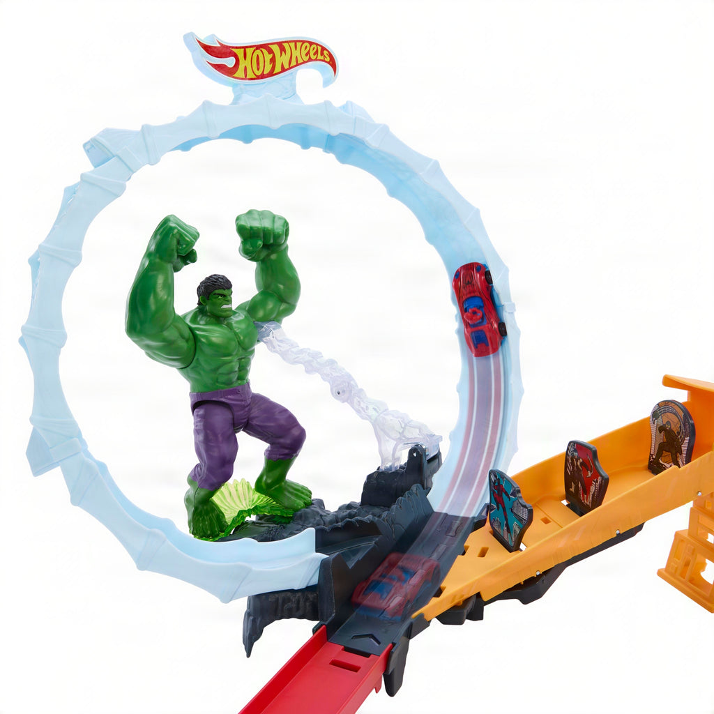 Hot Wheels Superstar Speeders Spider-Man & Hulk Smash Down Track Set With 1 Die-Cast Spider-Man Vehicle