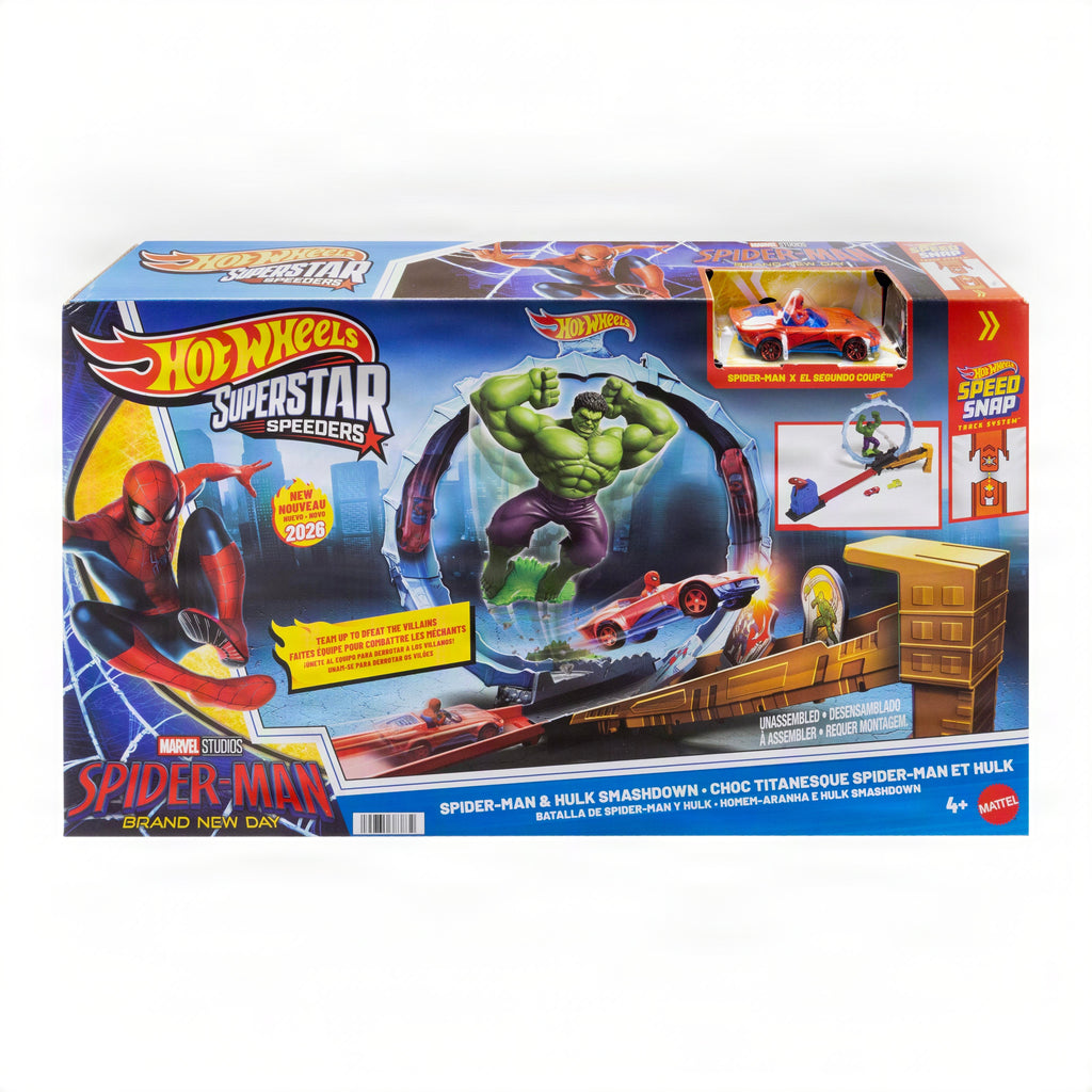 Hot Wheels Superstar Speeders Spider-Man & Hulk Smash Down Track Set With 1 Die-Cast Spider-Man Vehicle