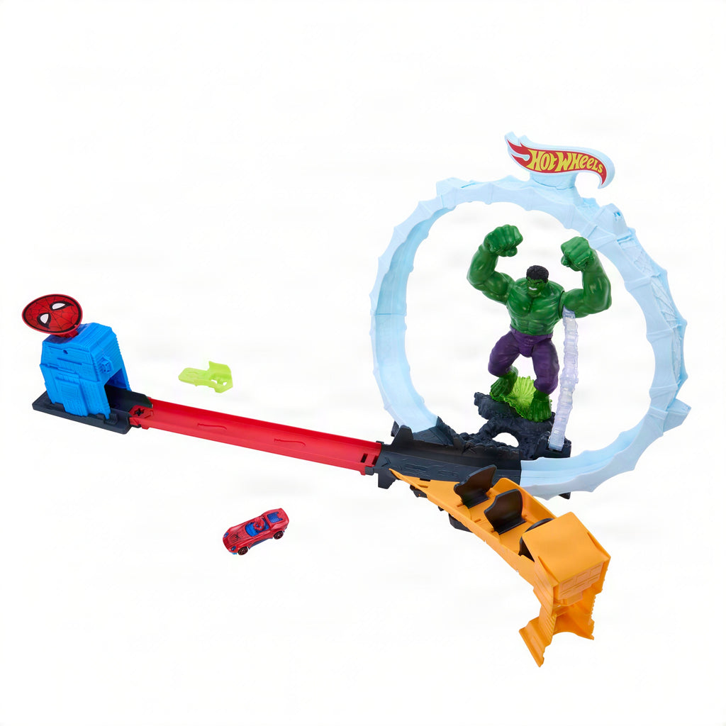 Hot Wheels Superstar Speeders Spider-Man & Hulk Smash Down Track Set With 1 Die-Cast Spider-Man Vehicle