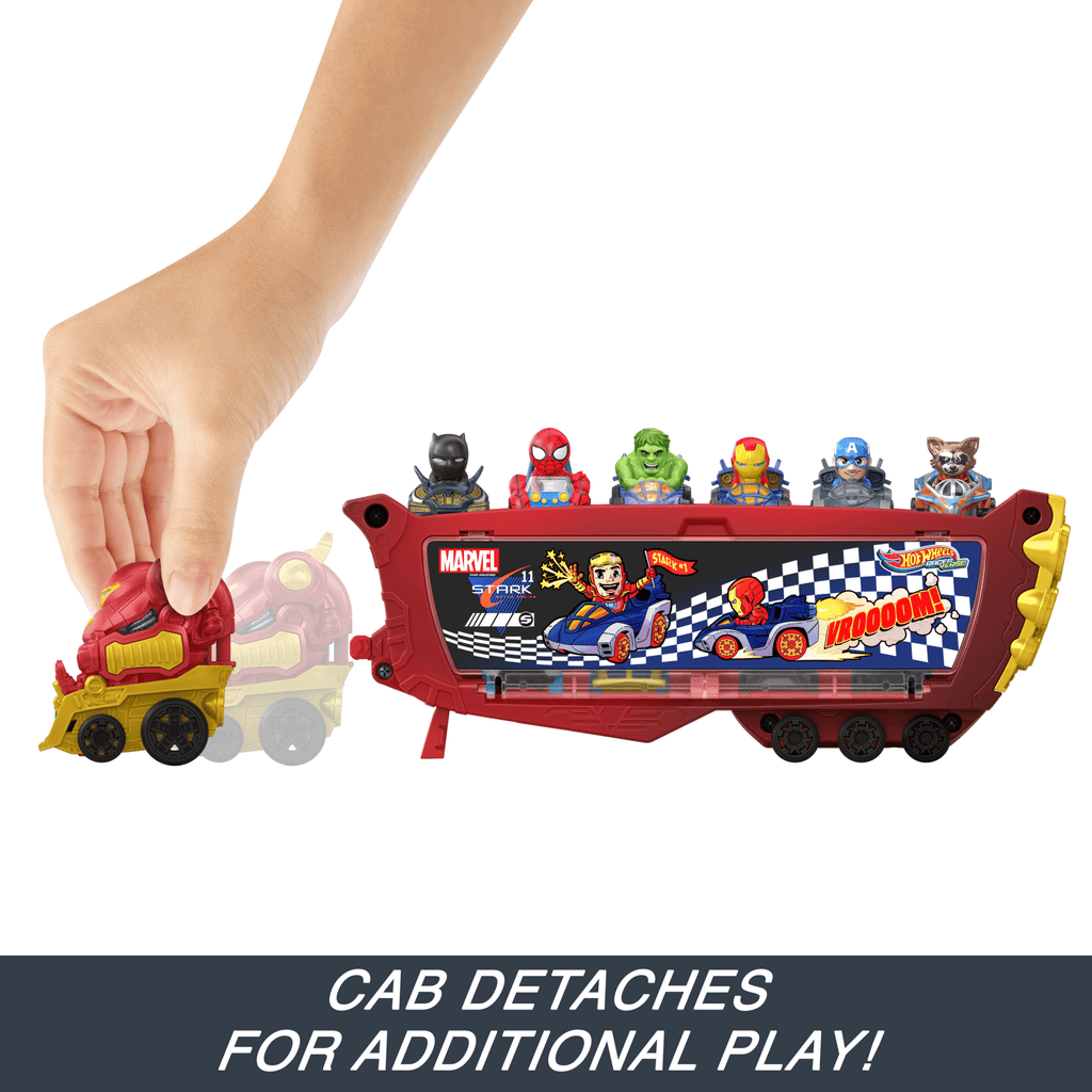Hot Wheels Racerverse Marvel Hulkbuster Hauler, Stores Up To 10 Toy Cars, Detachable Cab With Flip-Up Helmet & Non-Removable Figure