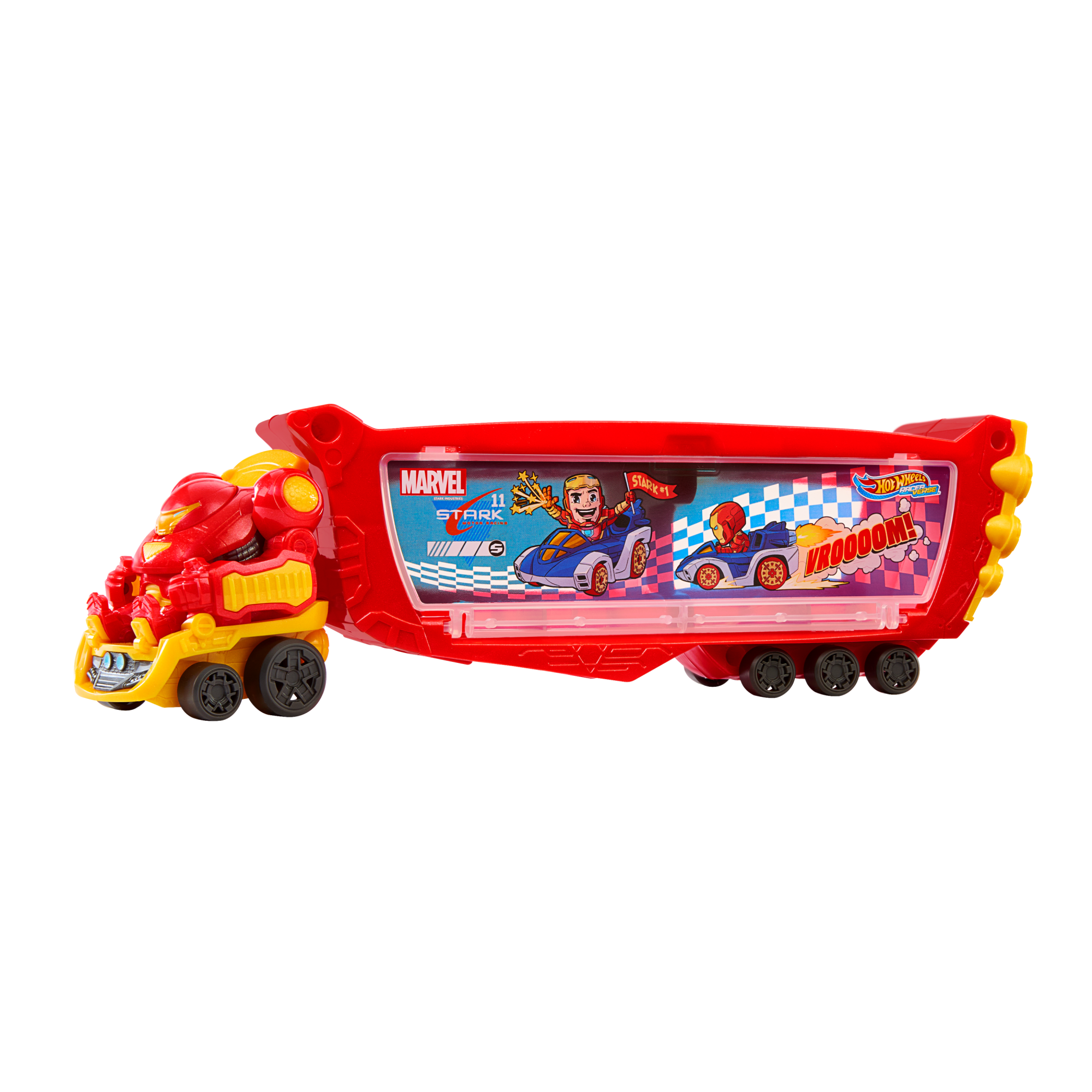 Hot Wheels Racerverse Marvel Hulkbuster Hauler, Stores Up To 10 Toy Cars, Detachable Cab With Flip-Up Helmet & Non-Removable Figure